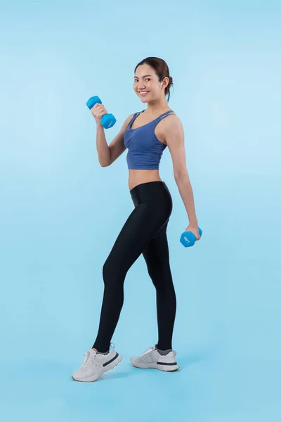 Vigorous Energetic Woman Doing Dumbbell Weight Lifting Exercise Isolated Background — Stock Photo, Image