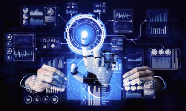 Yaşayan insanların geleceği için robot ve sayborg gelişimi yapay zeka araştırması. Dijital veri madenciliği ve makine öğrenme teknolojisi, bilgisayar iletişimi. 3B illüstrasyon