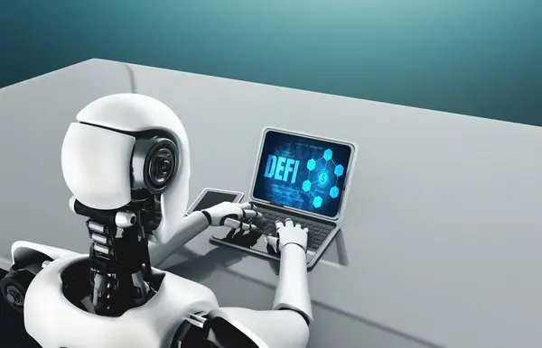 Robot Sztuczną Inteligencją Przy Użyciu Modish Oprogramowania Komputerowego Przez System — Zdjęcie stockowe