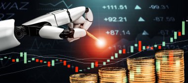 3D Rending Futuristic robot teknolojisi geliştirme, yapay zeka yapay zeka ve makine öğrenme konsepti. Gelecekteki insan hayatı için küresel robot biyonik bilim araştırması. 3B illüstrasyon