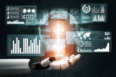 3D Rending Futuristic robot teknolojisi geliştirme, yapay zeka yapay zeka ve makine öğrenme konsepti. Gelecekteki insan hayatı için küresel robot biyonik bilim araştırması. 3B illüstrasyon