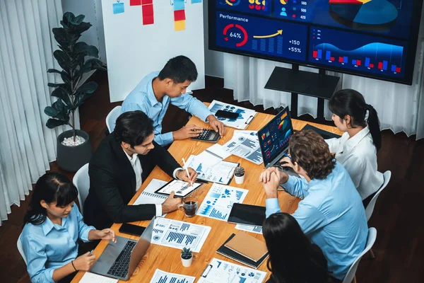 Wide Top View Diverse Group Business Analyst Team Analyzing Financial — Stock Photo, Image