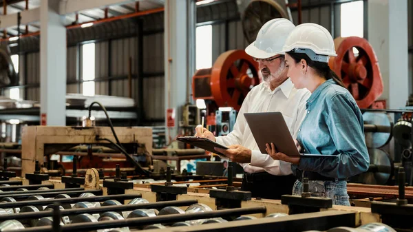 Directeur Ingénieur Usine Avec Assistant Utilisant Ordinateur Portable Pour Effectuer — Photo