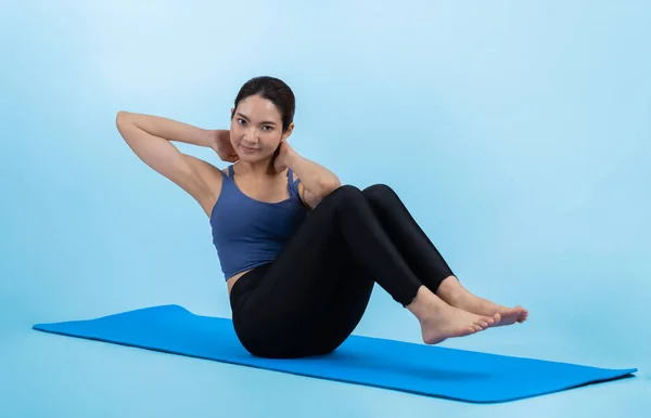 Asian Woman Sportswear Doing Crunch Exercising Mat Workout Training Routine — Stock Photo, Image