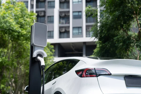 Ładowanie Samochodów Elektrycznych Zielonym Zrównoważonym Ogrodzie Miejskim Lecie Zrównoważony Rozwój — Zdjęcie stockowe