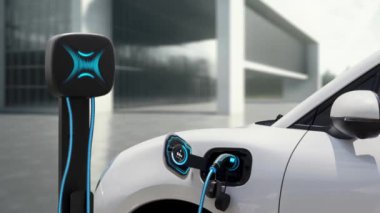 EV şarj istasyonundan şarj olan elektrikli araba akıllı dijital batarya durum hologramını gösteriyor. Alternatif ve sürdürülebilir enerji kullanan şarj edilebilir EV arabaların teknolojik gelişimi. İnceleyin