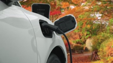İlerici çevre dostu elektrikli araba konsepti, temiz ve sürdürülebilir enerji şarj istasyonundan güç alan EV otomobili turuncu sonbahar ormanlarının arka planına karşı.
