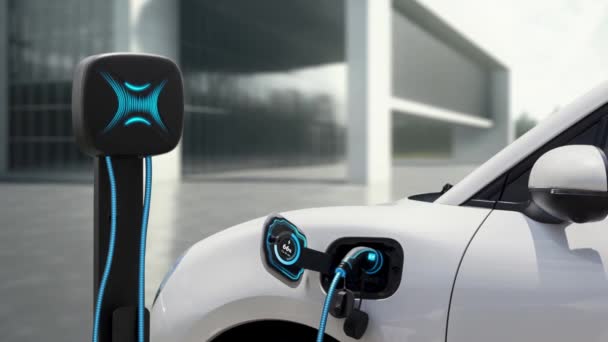 电动车充电站的电动车充电显示智能数字电池状态全息图 使用可再生能源和可持续能源的充电式电动车的技术进展 仔细阅读 — 图库视频影像