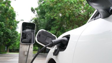Elektrikli araba parkı ve şarj istasyonunun yanında şarj edilen enerji konseptinin sürdürülebilirliği. Çevresel koruma için yenilenebilir enerji tarafından kullanılan elektrikli araç.