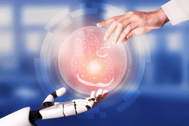 3D tıbbi yapay zeka robotu geleceğin hastanesinde çalışıyor. Hasta ve biyomedikal teknoloji konsepti için gelecekteki protez sağlık hizmetleri.