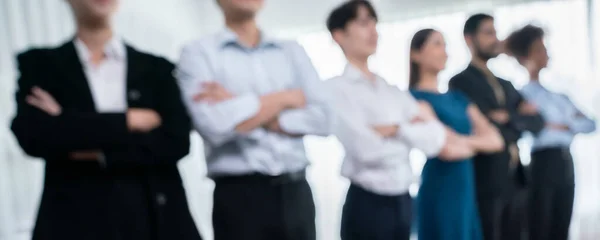 Panorama Blurred Group Businesspeople Stand Line Cross Arm Gesture Modern — Stock Photo, Image
