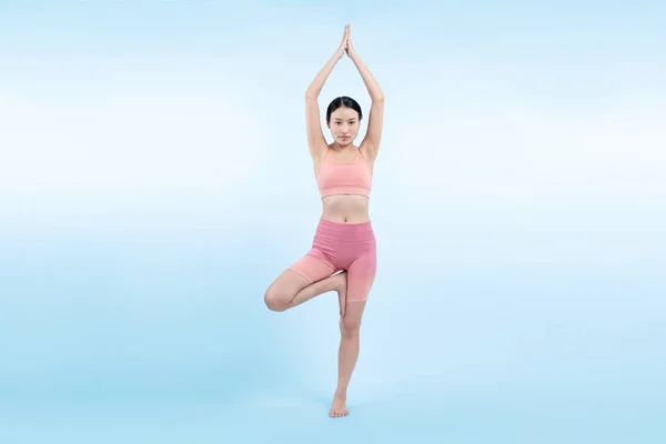 Donna Asiatica Abbigliamento Sportivo Facendo Esercizio Yoga Piedi Posa Sul — Foto Stock