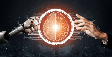 3D Rending Futuristic robot teknolojisi geliştirme, yapay zeka yapay zeka ve makine öğrenme konsepti. Gelecekteki insan hayatı için küresel robot biyonik bilim araştırması. 3B illüstrasyon