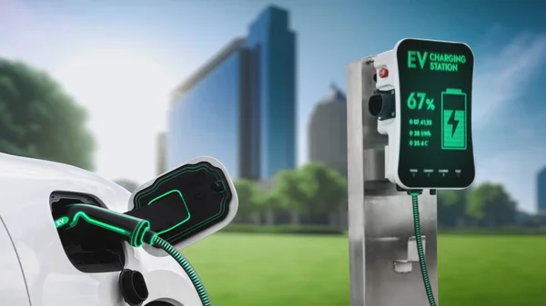 Electric car plug in with charging station to recharge battery with electricity by EV charger cable in eco green city park. Future innovative EV car using alternative clean energy reducing CO2. Peruse