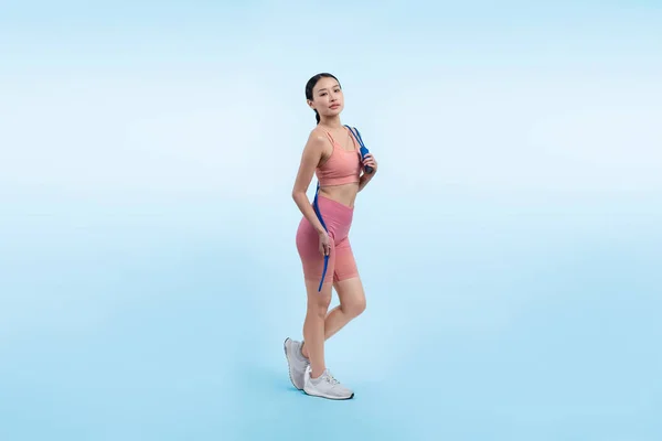 Giovane Donna Asiatica Energica Abbigliamento Sportivo Con Salto Saltare Accappatoio — Foto Stock