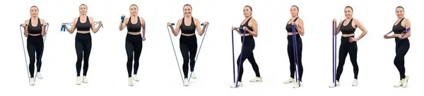 Gezonde Actieve Senior Vrouw Met Verschillende Professionele Fitness Houding Set — Stockfoto