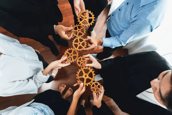 Group Multiracial Business People Joining Gear Wheels Together Effective Unity — Stock Photo, Image