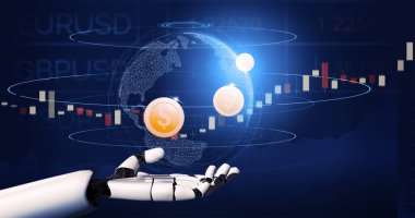 3D Rending Futuristic robot teknolojisi geliştirme, yapay zeka yapay zeka ve makine öğrenme konsepti. Gelecekteki insan hayatı için küresel robot biyonik bilim araştırması. 3B illüstrasyon