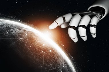 3D Rending Futuristic robot teknolojisi geliştirme, yapay zeka yapay zeka ve makine öğrenme konsepti. Gelecekteki insan hayatı için küresel robot biyonik bilim araştırması. 3B illüstrasyon