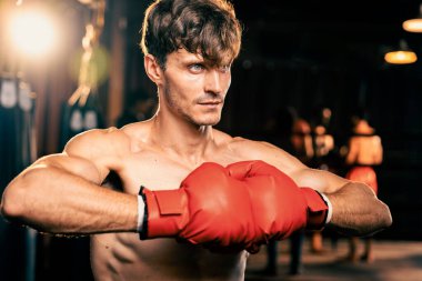 Boks dövüşçüsü pozu, Kafkasyalı boksör elini ya da yumruğunu kameranın önüne koydu agresif bir duruş sergiledi ve spor salonunda kum torbası ve boks malzemeleriyle dövüşmeye hazır hale geldi. Impetus