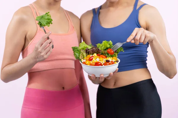 Two Young Sporty Asian Women Sportswear Holding Salad Bowl Fill — Stock Photo, Image