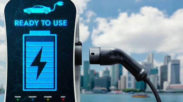 EV charger from electric charging station for with city horizon and sky background. Technological advancement of energy sustainability and electric power engine car using clean energy. Peruse