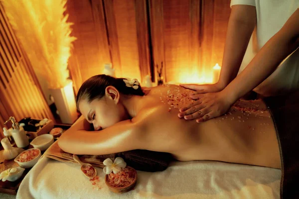 Woman Customer Having Exfoliation Treatment Luxury Spa Salon Warmth Candle — Stock Photo, Image
