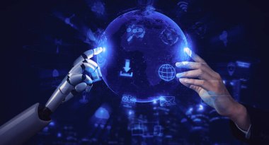 Yaşayan insanların geleceği için robot ve sayborg gelişimi yapay zeka araştırması. Dijital veri madenciliği ve makine öğrenme teknolojisi, bilgisayar iletişimi. 3B illüstrasyon