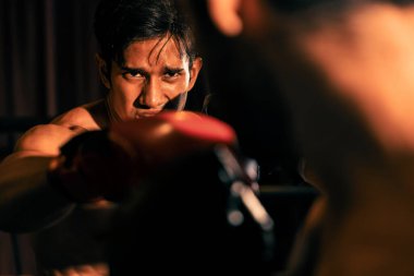 Asyalı ve Kafkasyalı Muay Thai boksörü boks maçında güçlerini serbest bırakıyor. Güçlü kaslı Taylandlı boksör acımasız dövüş hünerleriyle yumruk atıyor. Impetus