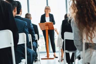 Bir grup iş adamı seminer konferansında toplanıyor. Seyirciler, çalışanların eğitim seanslarındaki eğitmenleri dinliyor. Uzman konuşmacı ile ofis çalışanları toplantısı. Jivy