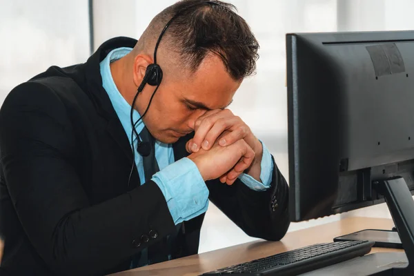 Business People Wearing Headset Feel Unhappy Working Office Failure Negative — Stock Photo, Image
