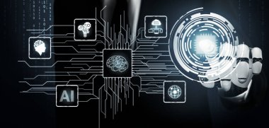 3D Rending Futuristic robot teknolojisi geliştirme, yapay zeka yapay zeka ve makine öğrenme konsepti. Gelecekteki insan hayatı için küresel robot biyonik bilim araştırması. 3B illüstrasyon