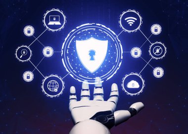 3D Rending Futuristic robot teknolojisi geliştirme, yapay zeka yapay zeka ve makine öğrenme konsepti. Gelecekteki insan hayatı için küresel robot biyonik bilim araştırması. 3B illüstrasyon