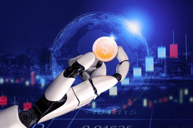 3D Rending Futuristic robot teknolojisi geliştirme, yapay zeka yapay zeka ve makine öğrenme konsepti. Gelecekteki insan hayatı için küresel robot biyonik bilim araştırması. 3B illüstrasyon