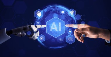 3D Rending Futuristic robot teknolojisi geliştirme, yapay zeka yapay zeka ve makine öğrenme konsepti. Gelecekteki insan hayatı için küresel robot biyonik bilim araştırması. 3B illüstrasyon