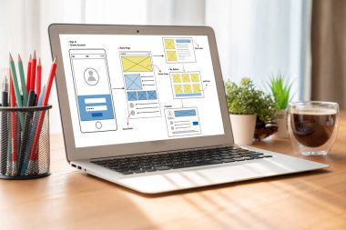 Model mobil uygulama ve web sitesi için UX UI tasarım süreci. Profesyonel uygulama geliştiricisi için kablo grafiğinin yaratıcı prototipi .