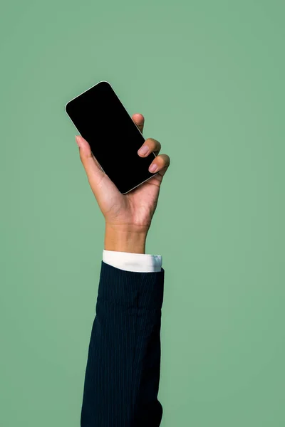 Mână Care Deține Dispozitiv Smartphone Fundal Izolat Pentru Porni Compania — Fotografie, imagine de stoc