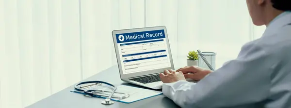 Doctor Carefully Review Detailed Medical Report Laptop Diagnosing Illness Effective — Stock Photo, Image