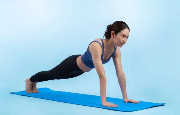 Energetic Determination Asian Woman Push Exercising Mat Effective Chest Targeting — Stock Photo, Image