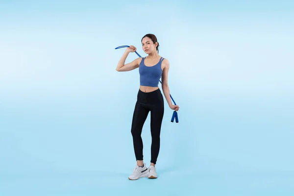 Jovem Mulher Asiática Enérgica Sportswear Com Salto Pulando Roupão Posando — Fotografia de Stock