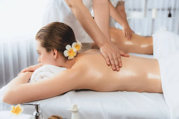 Caucasian Couple Customer Enjoying Relaxing Stress Spa Massage Pampering Beauty — Stock Photo, Image