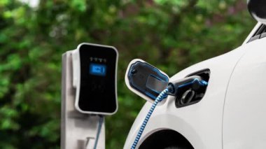 Doğal yeşil araba parkındaki ekolojik temiz enerji şarj istasyonundan gelen fütürist akıllı EV şarj aletinin şarj ettiği elektrikli araba. Alternatif enerji kullanan gelecekçi çevre dostu elektrikli araba. İnceleyin