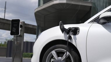 İlerici iş kadını şehir merkezinde dolaşmadan önce şarj cihazından elektrikli arabasına şarj prizi takıyor. Çevre dostu şarj edilebilir araba, sürdürülebilir ve temiz enerjiyle çalışıyor..