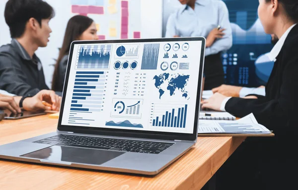Digital financial BI dashboard data on laptop screen displaying data analysis graph and chart for business growth strategy and marketing indication during team meeting or presentation. Concord