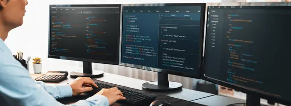 Software Engineer Working Application Development His Computer Display Code Script — Stock Photo, Image
