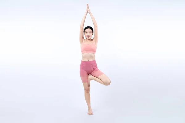 Donna Asiatica Abbigliamento Sportivo Facendo Esercizio Yoga Piedi Posa Sul — Foto Stock
