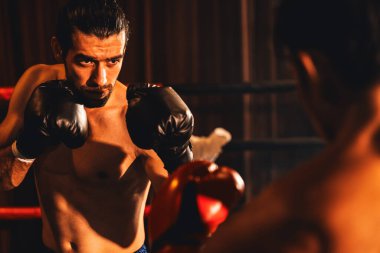 İki atletik ve kaslı vücut boksörü vahşi bir boks maçında karşı karşıya. Boks dövüşçüsü boks ringinde dövüşüyor. Impetus