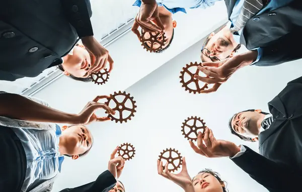 View Group Multiracial Business People Joining Gear Wheels Together Effective — Stock Photo, Image