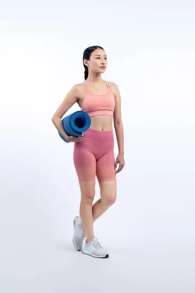 Jovem Atraente Mulher Asiática Retrato Sportswear Com Tapete Exercício Exercício — Fotografia de Stock