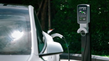 Yazın yeşil sürdürülebilir şehir bahçesinde elektrikli araba şarj oluyor. Kentsel sürdürülebilirlik yaşam tarzı yeşil temiz yeniden şarj edilebilir enerji elektrikli BEV araç iç organları